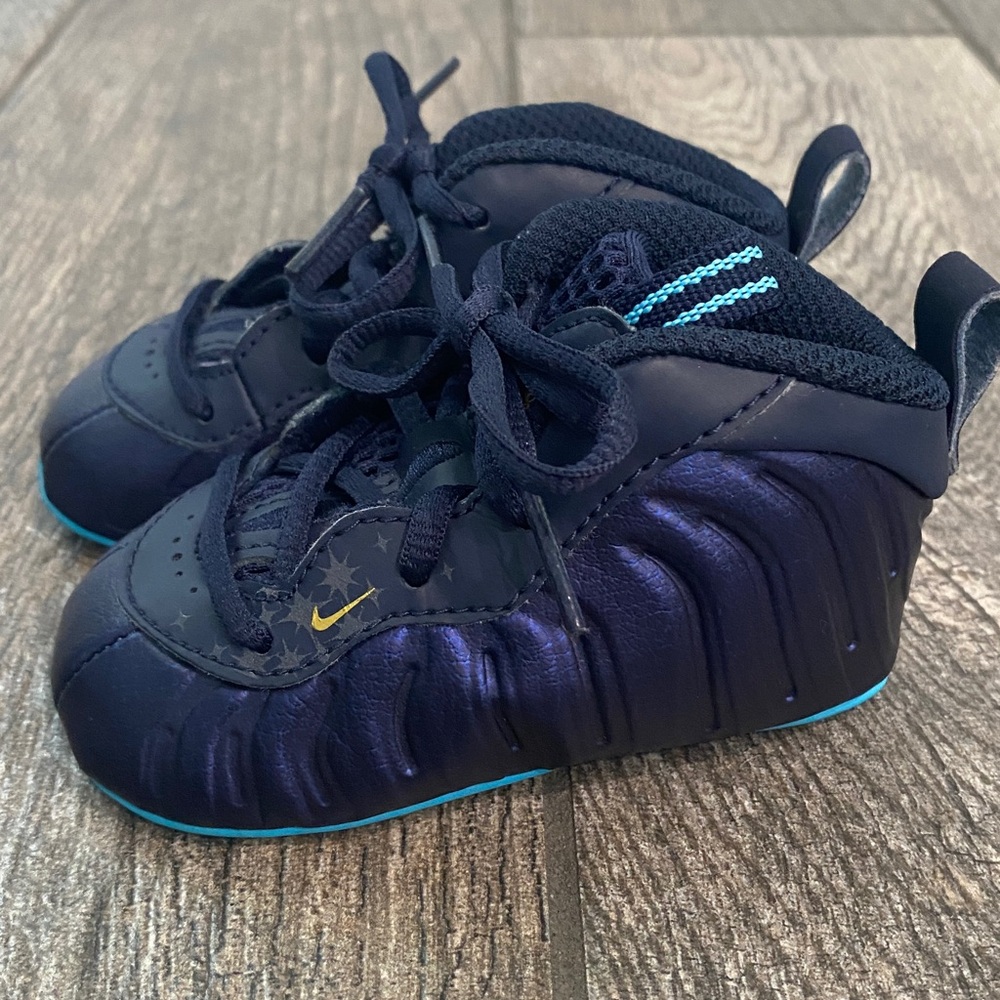 Nike lil Posite One Obsidian Blue Gold Infant Size 4C Crib Booties Shoes